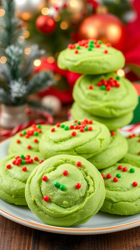 A festive plate of Grinch Christmas cookies decorated with sprinkles, surrounded by holiday decorations.